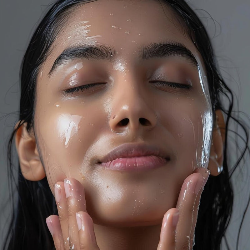 A close-up of a woman with closed eyes and wet, glossy skin touching her cheeks, set against a plain gray background.