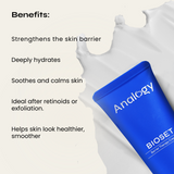 Blue Analogy BIOSET Barrier Therapy Cream tube shown on a cream background with a white cream splash and black text listing benefits.